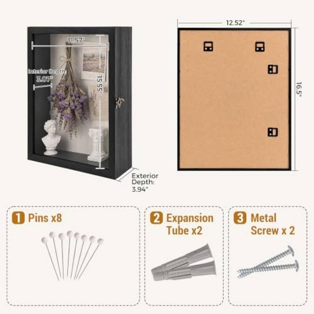 Black pine wood shadow box frame diagram showing 12x16 size, depth, and hardware