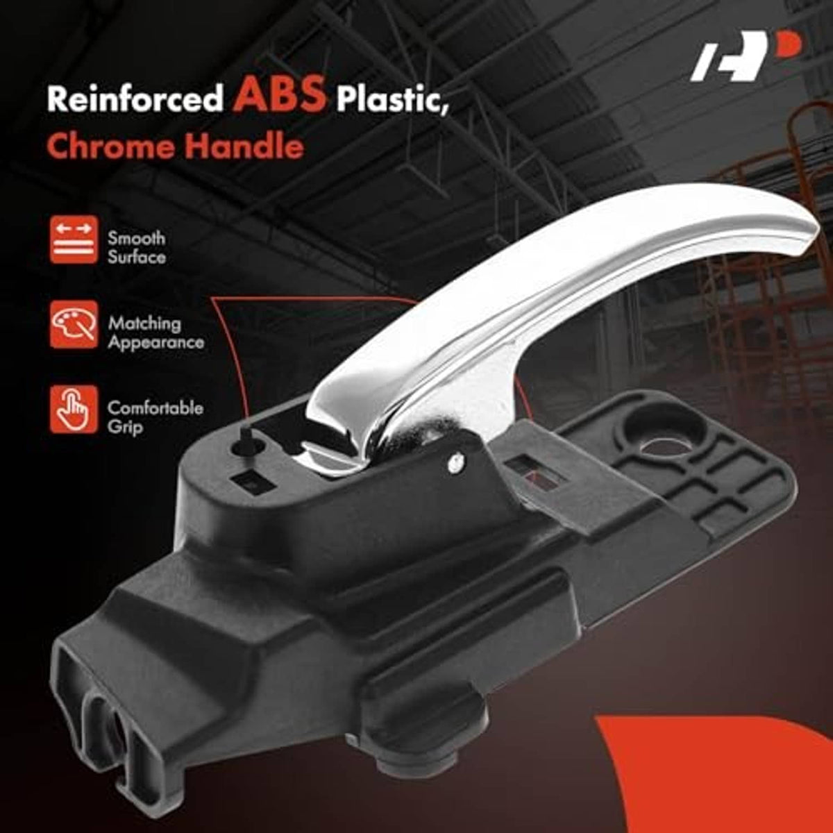 Chrome interior door handle with black ABS housing and smooth surface