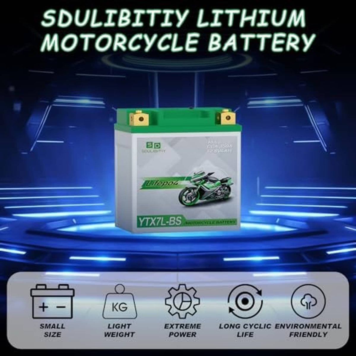 LiFePO4 motorcycle battery centered with green top and feature icons