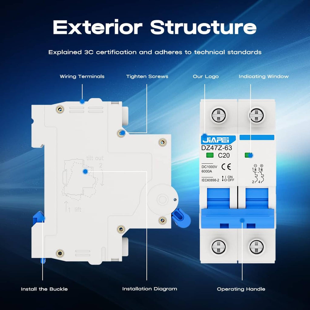 DC circuit breaker showing external terminal and handle layout with blue internal module