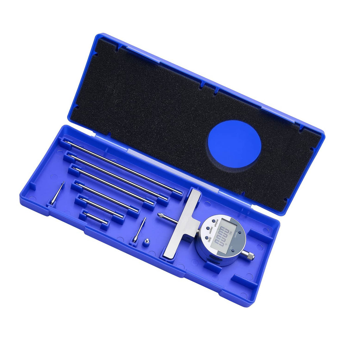 Digital depth micrometer in blue case with round display and depth rod
