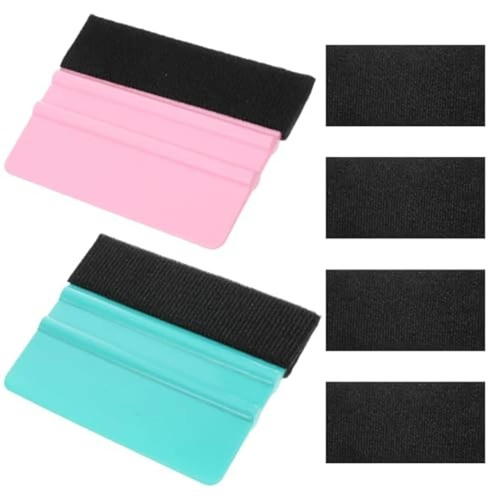 Scratch-free felt squeegees in pink and teal with black foam pads