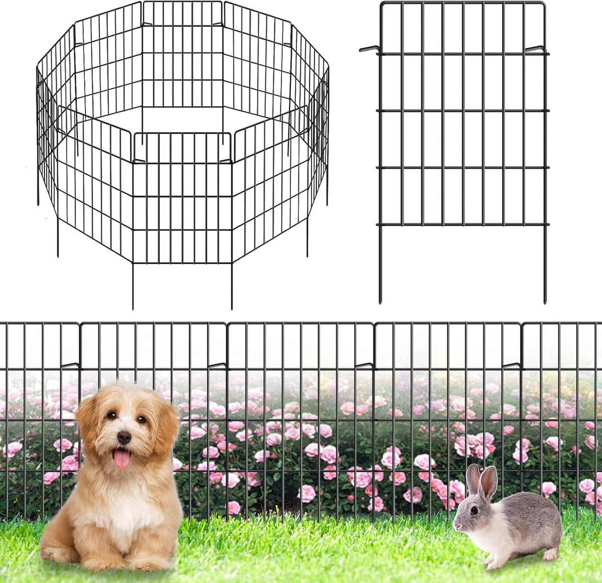 Black wire animal barrier fence panels with vertical bars and stakes in a flower garden