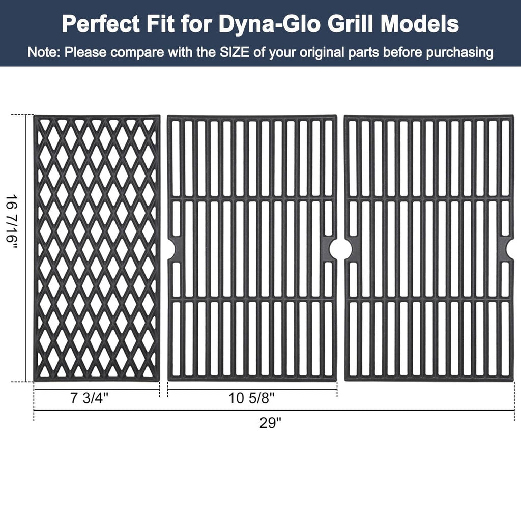 Three-piece grill grate set with diamond, vertical-bar, and mounting tabs