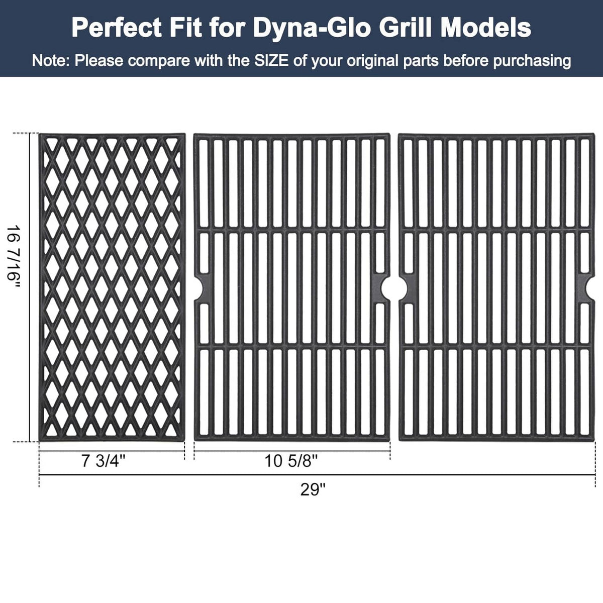 Three-piece grill grate set with diamond, vertical-bar, and mounting tabs