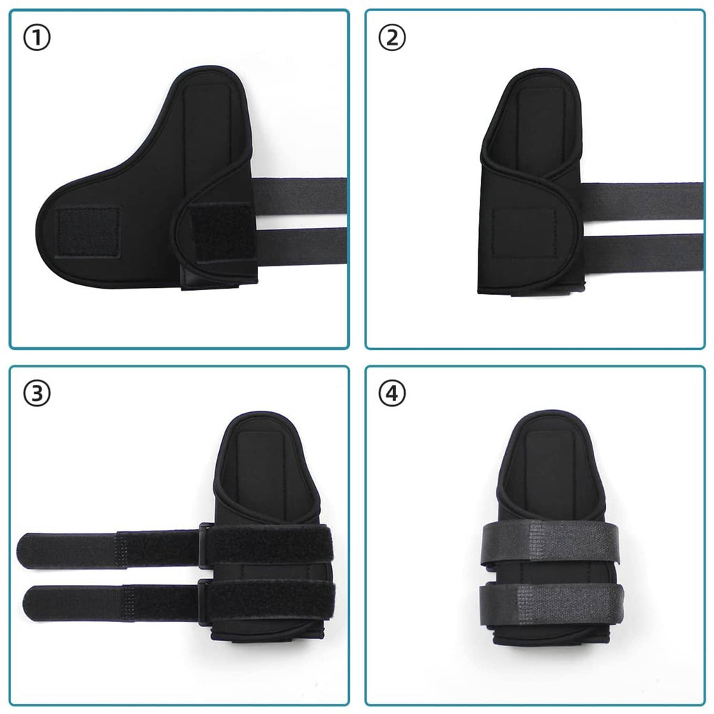 Black wrist brace with hook-and-loop straps shown from multiple angles