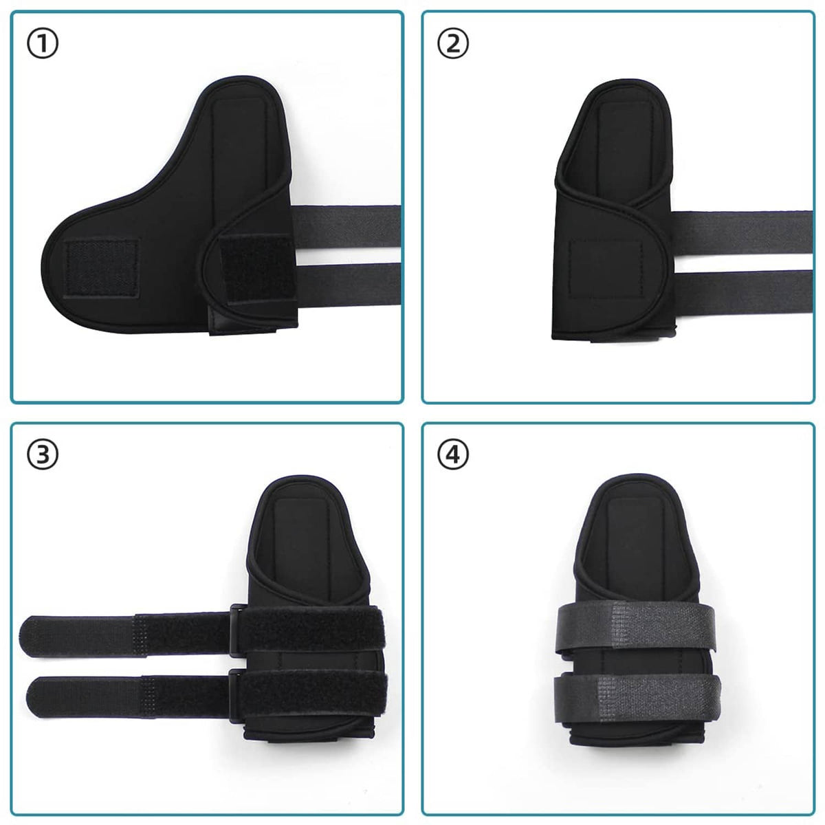 Black wrist brace with hook-and-loop straps shown from multiple angles