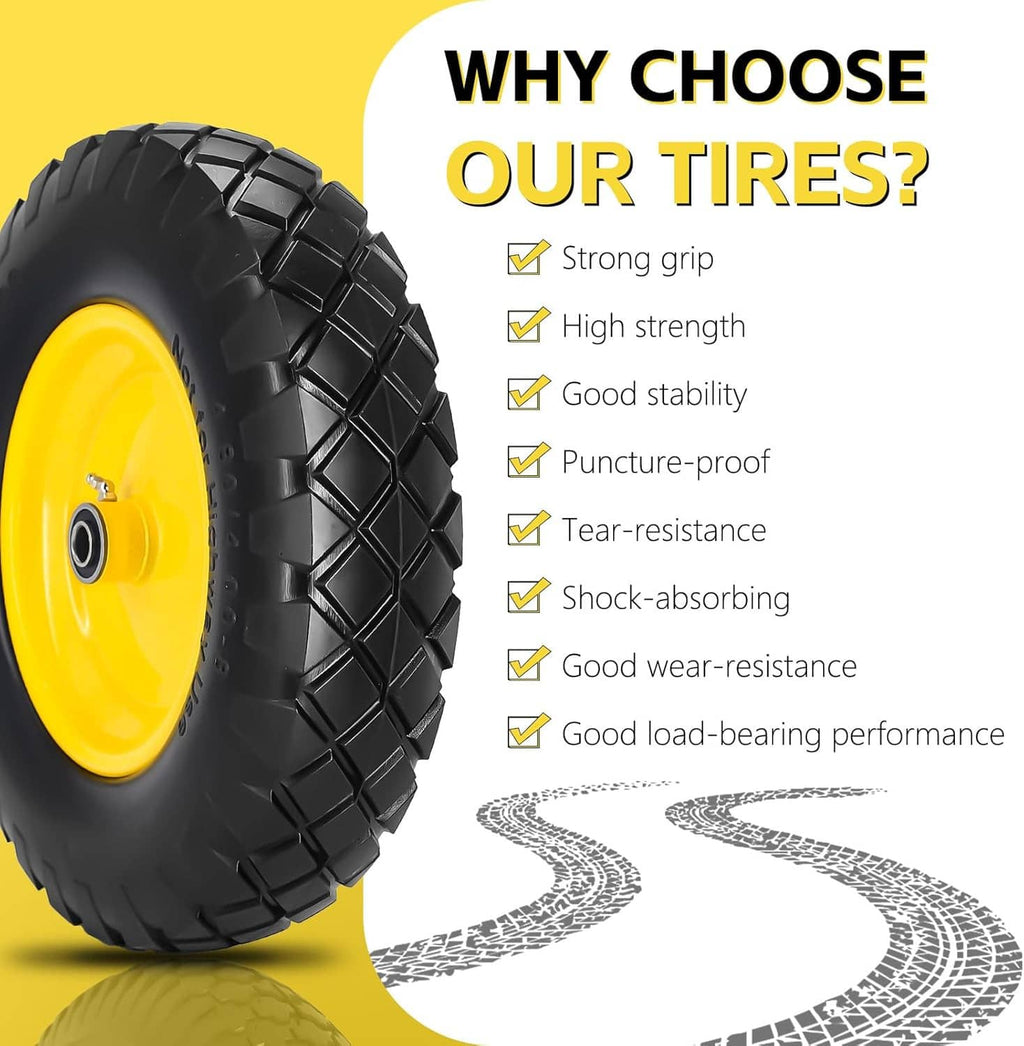 Solid wheelbarrow tire with yellow rim and black tread, shown with puncture-resistant design