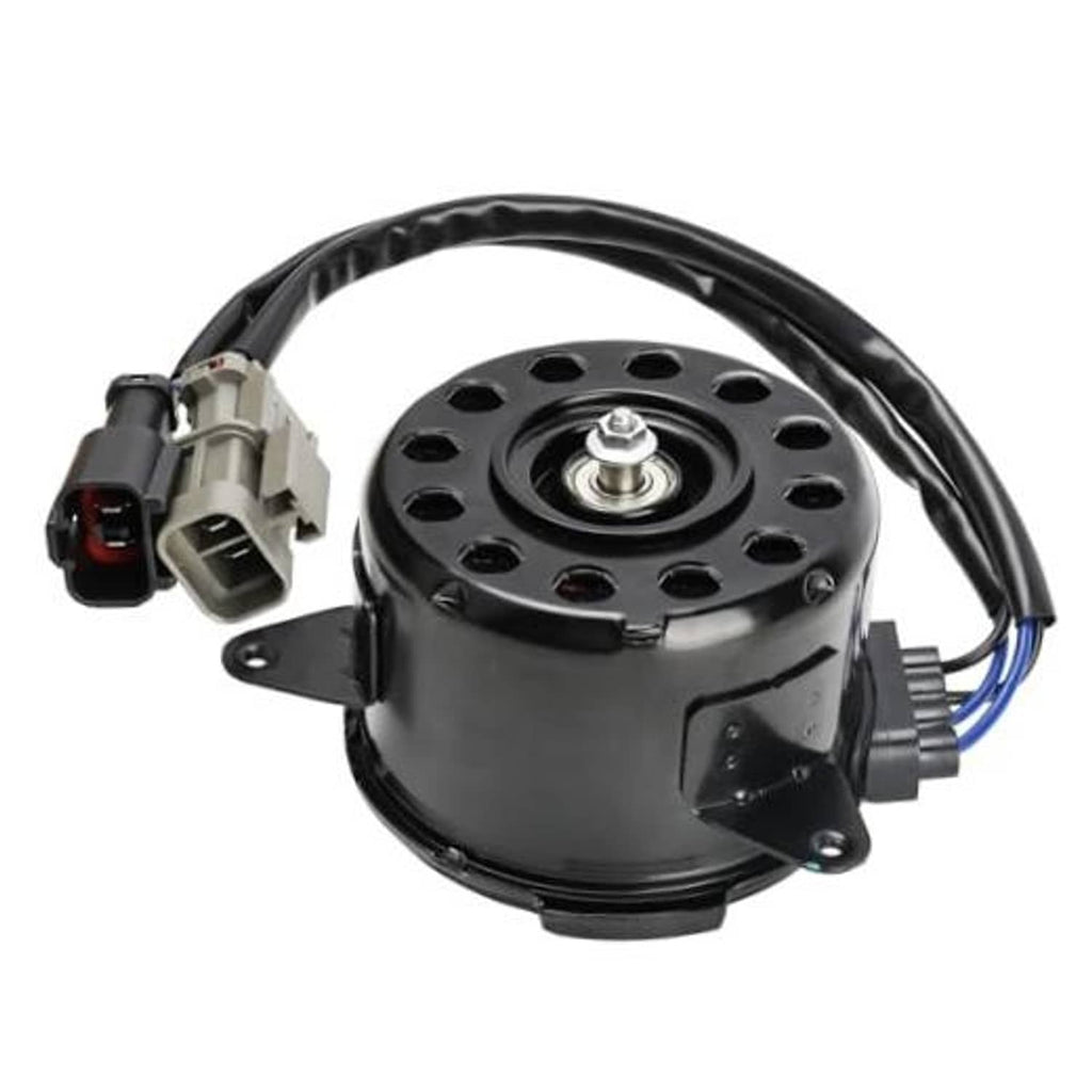 Radiator fan motor with black fan housing and electrical connector harness