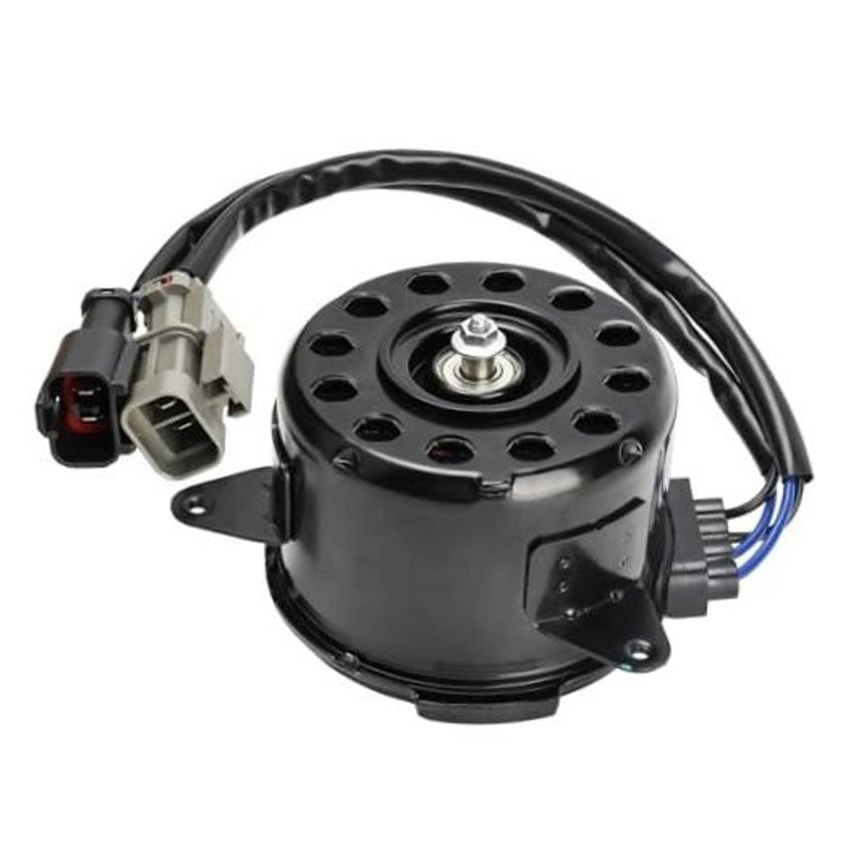 Radiator fan motor with black fan housing and electrical connector harness