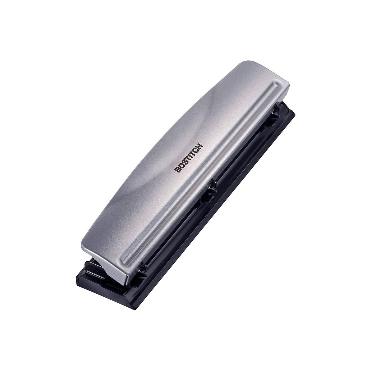 BOSTITCH 3-hole metal office punch, silver top with black base (side view)