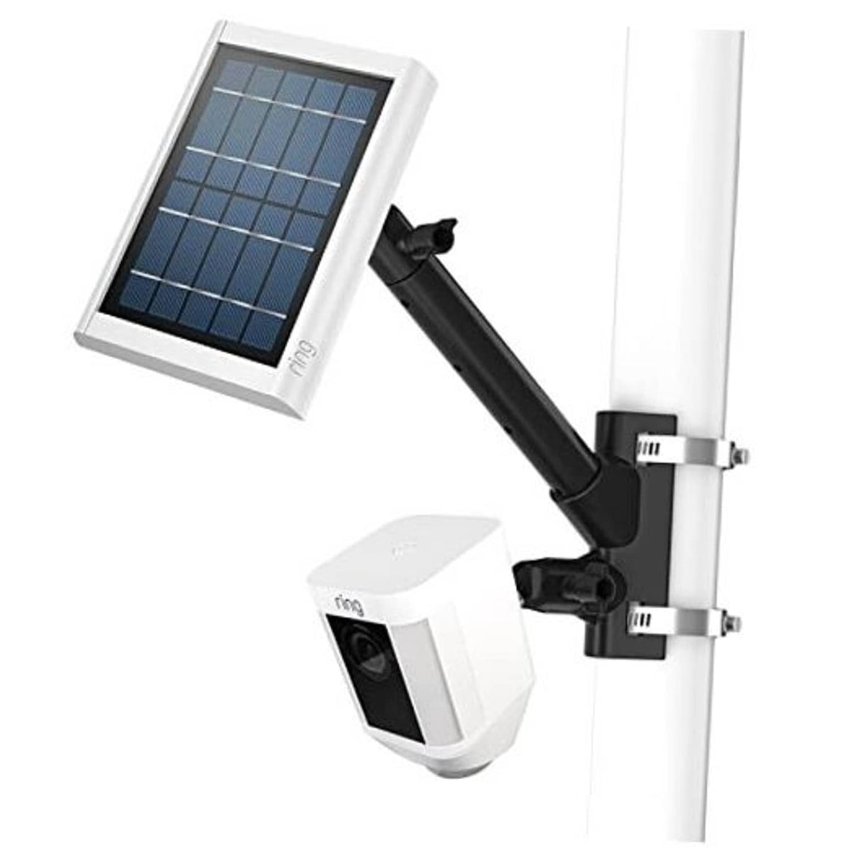 Black 2-in-1 pole mounting bracket with adjustable arm for security camera and solar panel