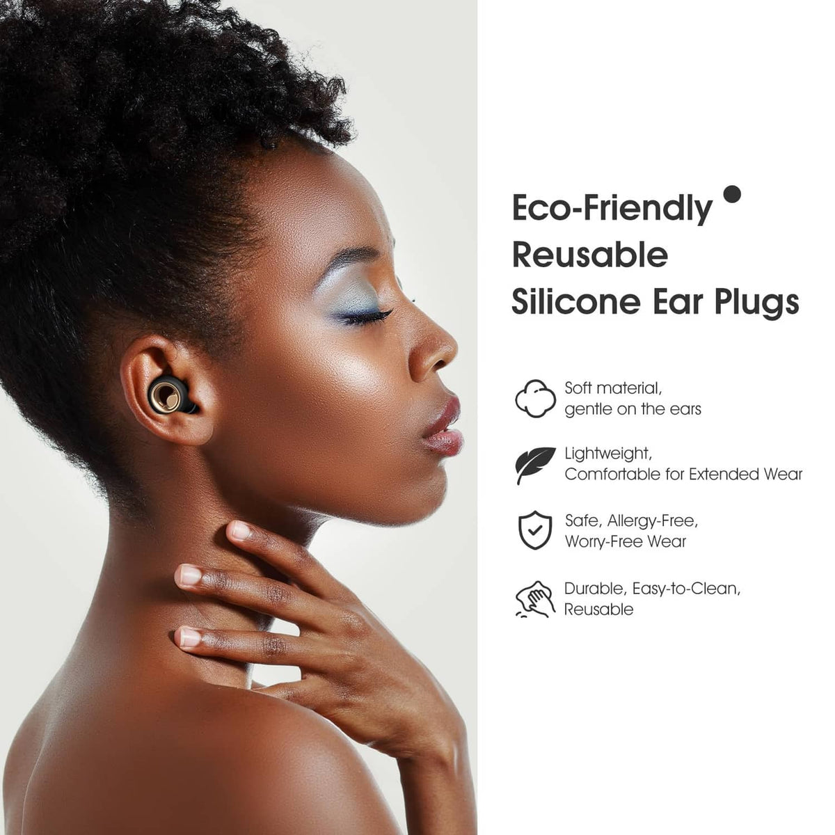 Black silicone reusable ear plug in ear with lightweight comfort