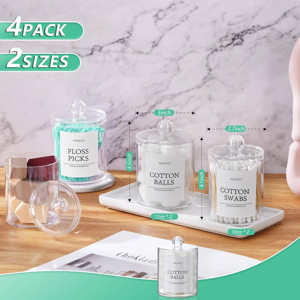 4-pack clear countertop jars with round lids for floss picks, cotton balls, and swabs