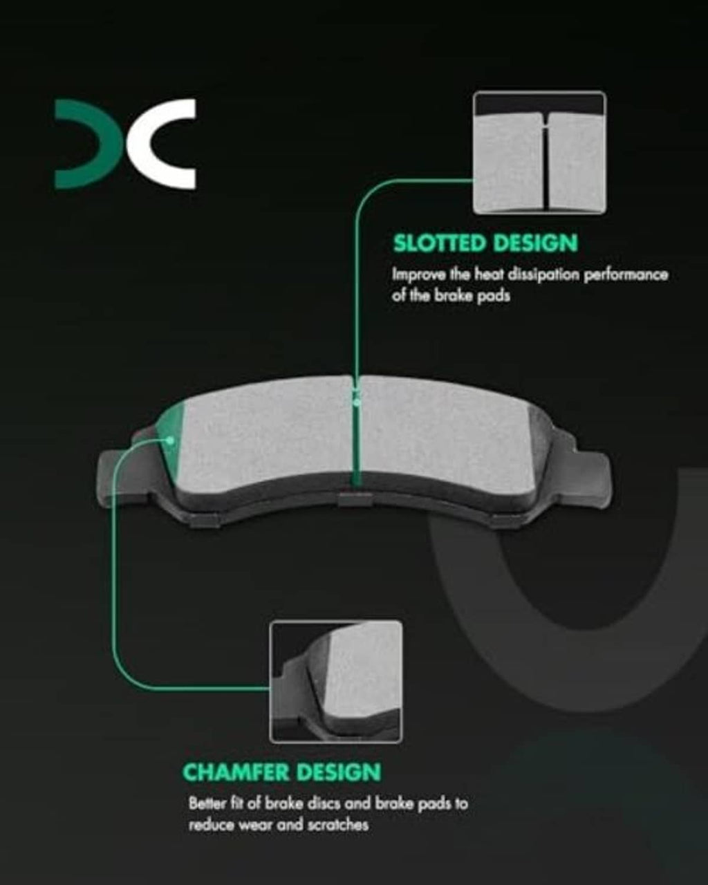 Brake pad with highlighted slotted design and chamfered edge detail, single front pad