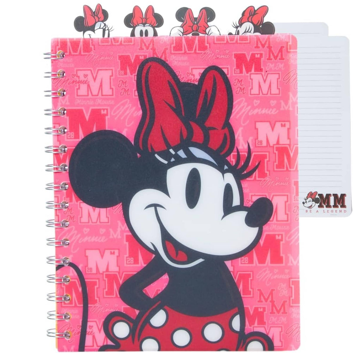 Minnie Mouse spiral bound notebook with pink vinyl cover and large character illustration.