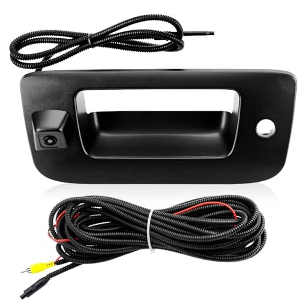 Black tailgate handle backup camera with lens and coiled cable bundle
