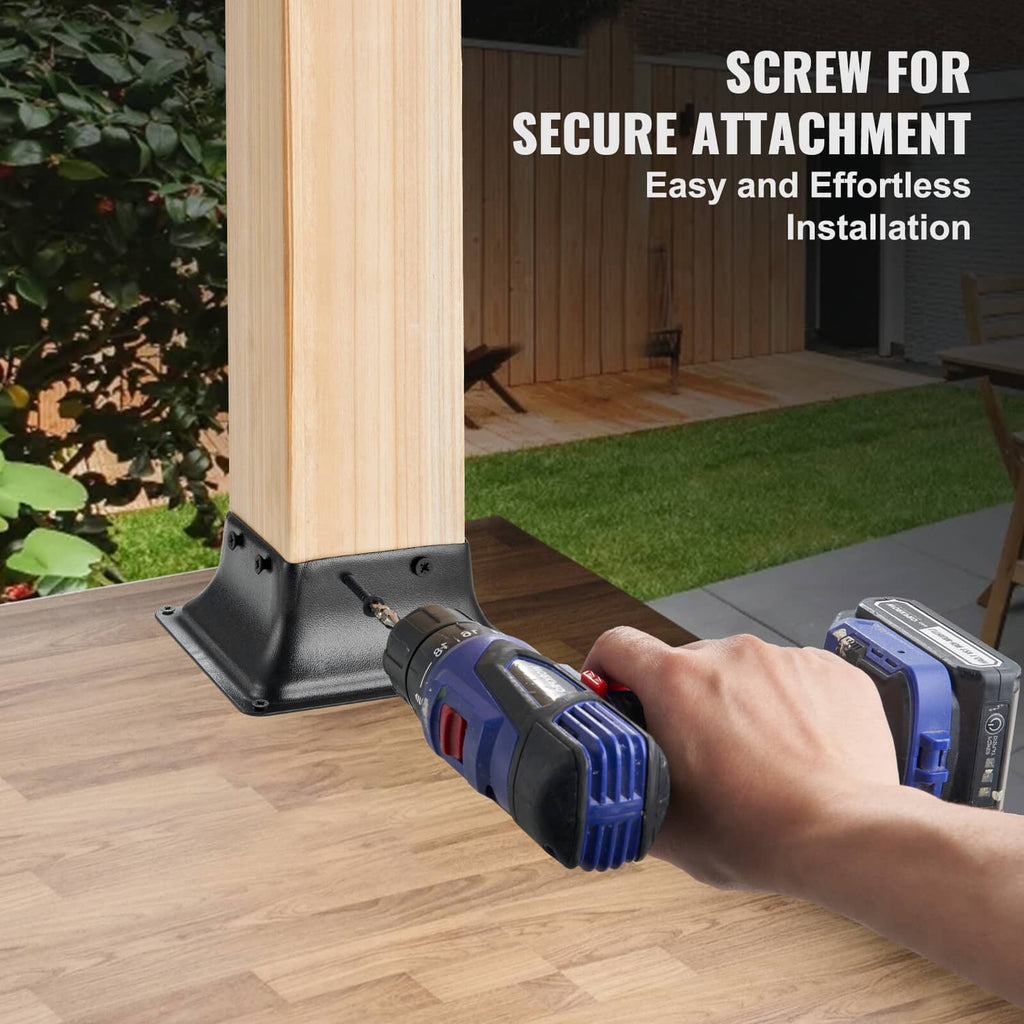 Black steel wood post base bracket installed on a wood post with securing screws
