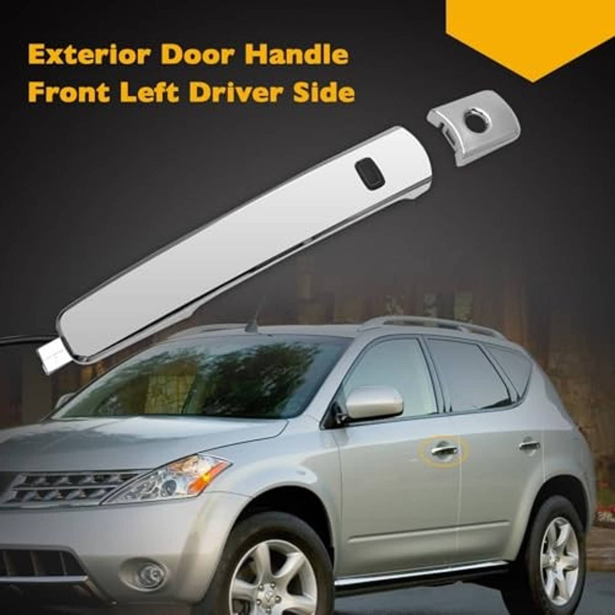 Front left driver side exterior chrome door handle with black keyless switch