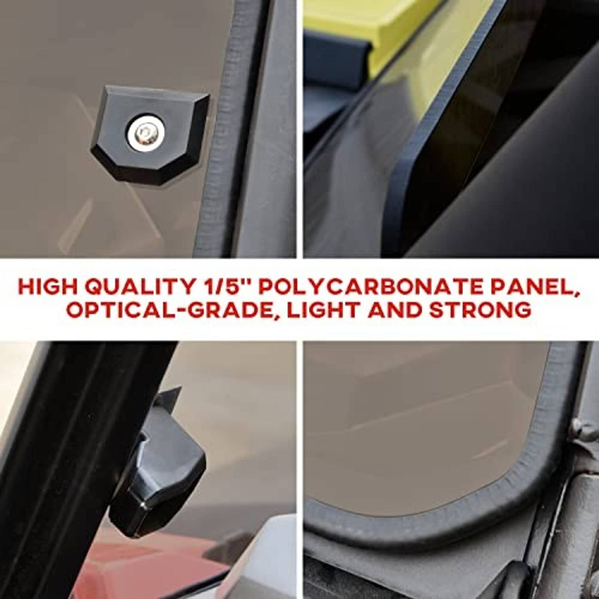 Close-up of dark tinted half windshield edge with mounting bolts and polycarbonate panel