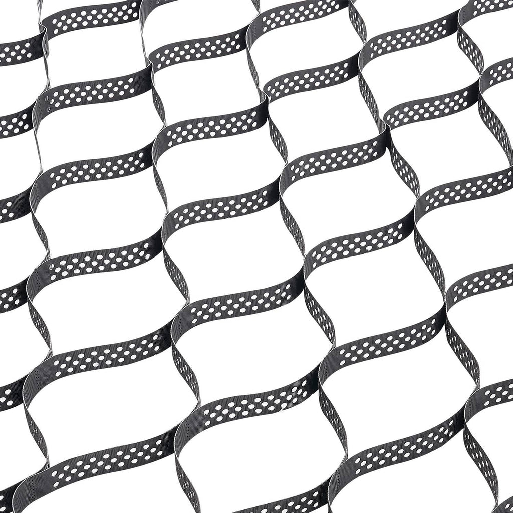 Black perforated HDPE geocell grid with interlocking cells.