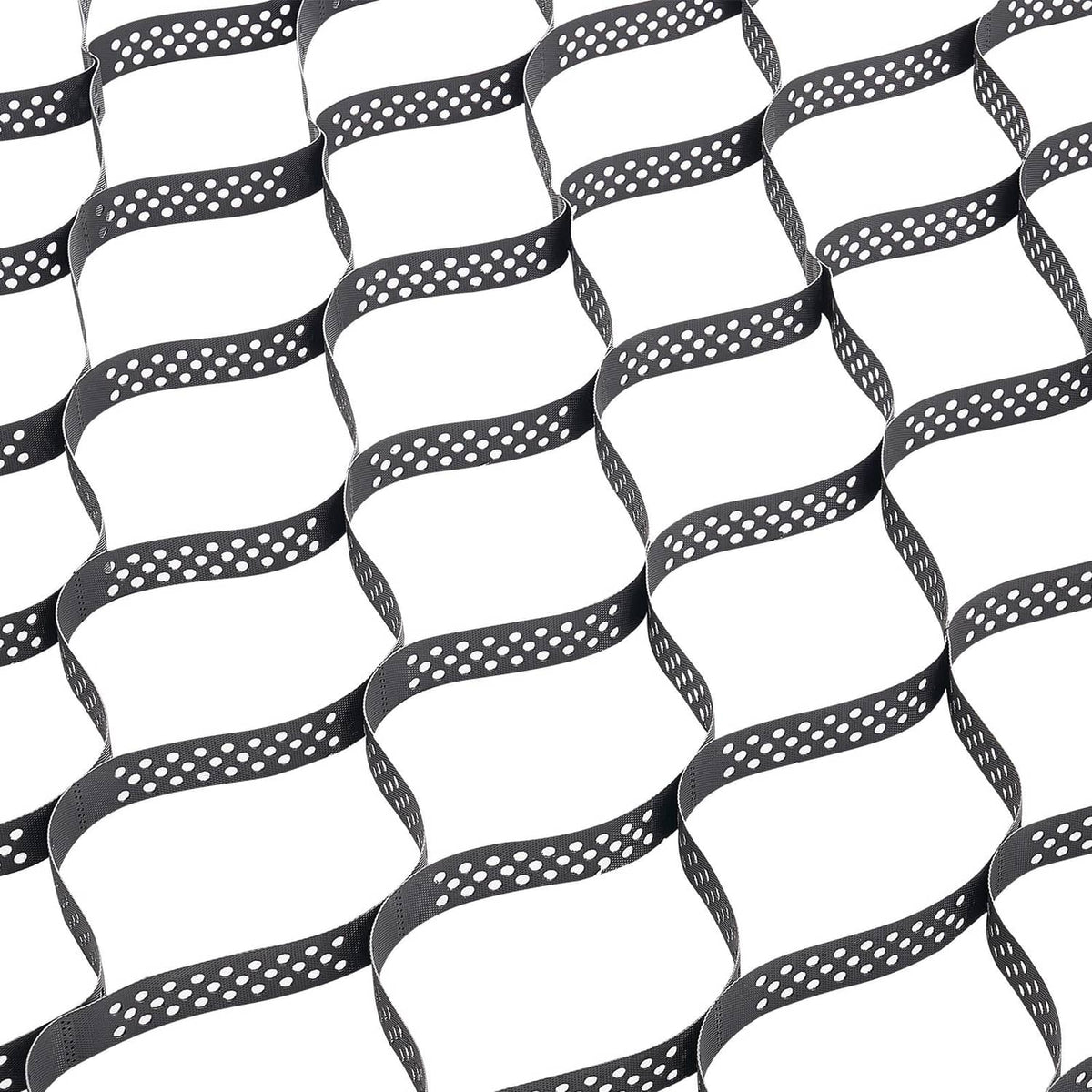 Black perforated HDPE geocell grid with interlocking cells.