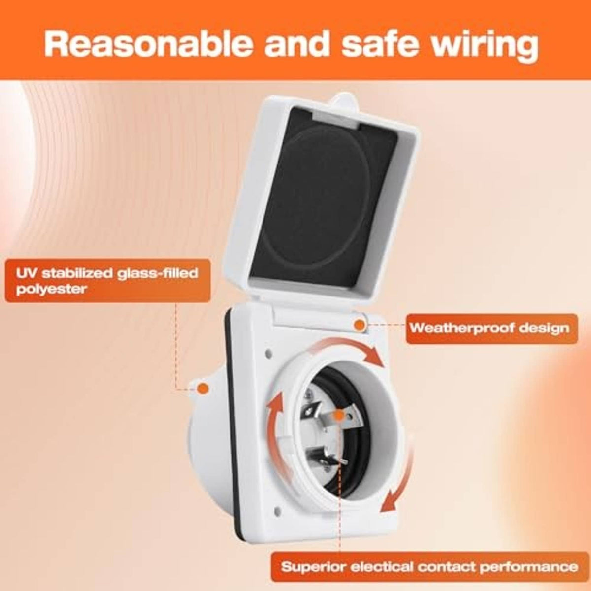 White RV power inlet with open cover, circular twist-lock socket, and weatherproof design