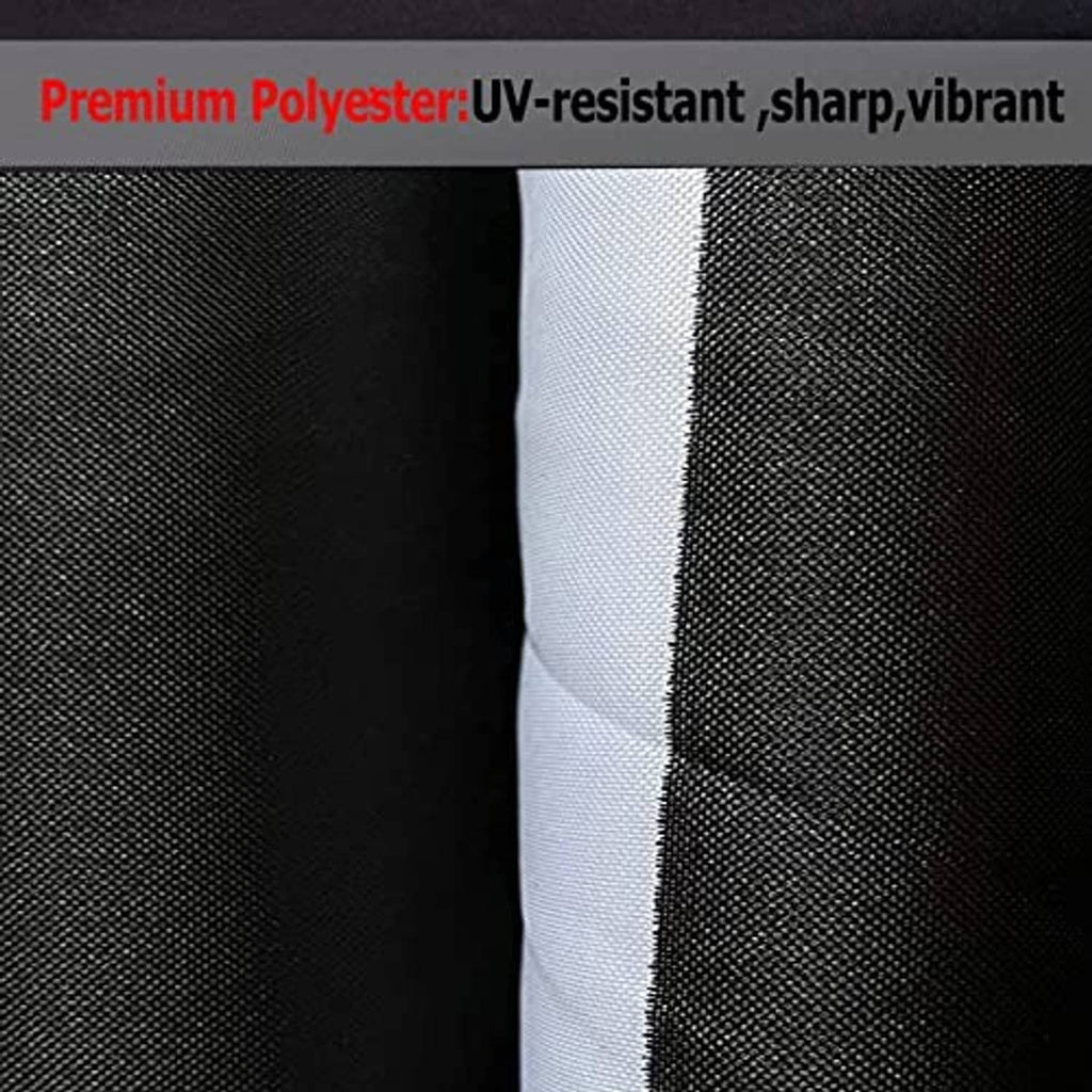 Black flag fabric close-up with visible weave and white edge seam