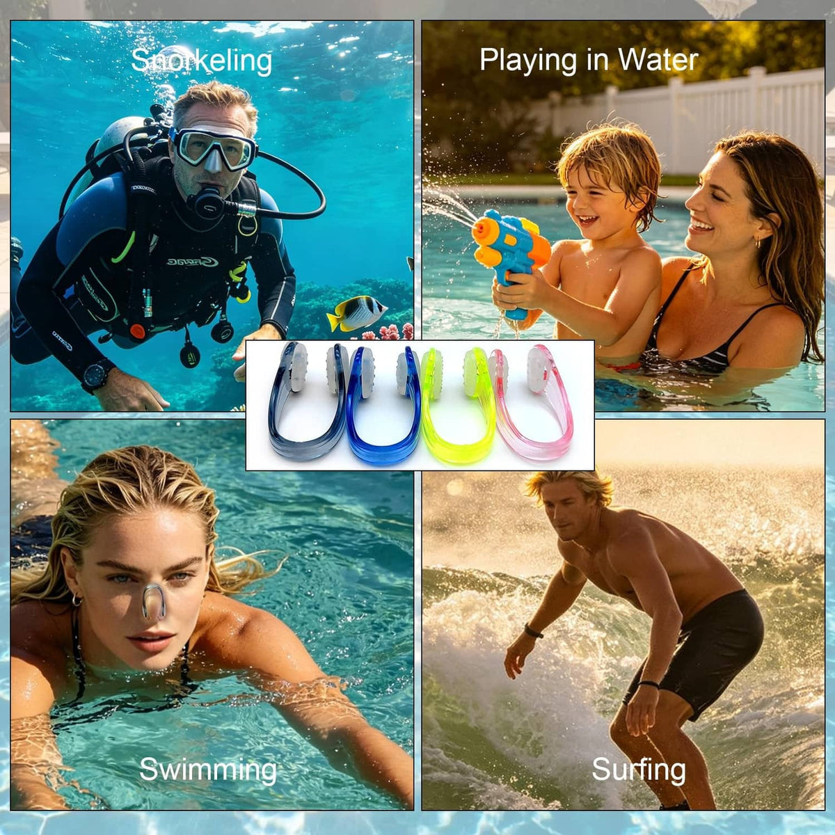 Multi-color silicone nose clip set showing four clips