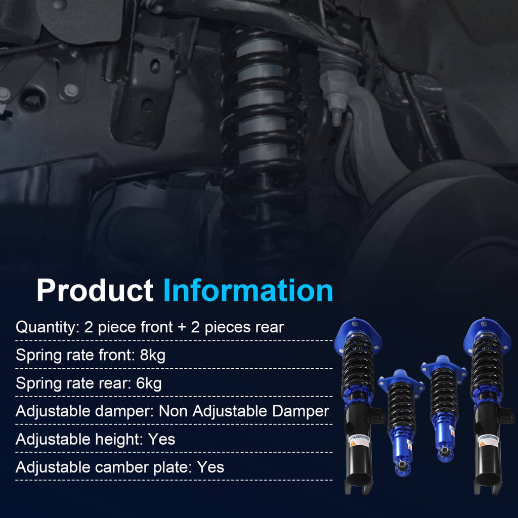 Front and rear coilover struts kit with blue shock bodies and black coil springs