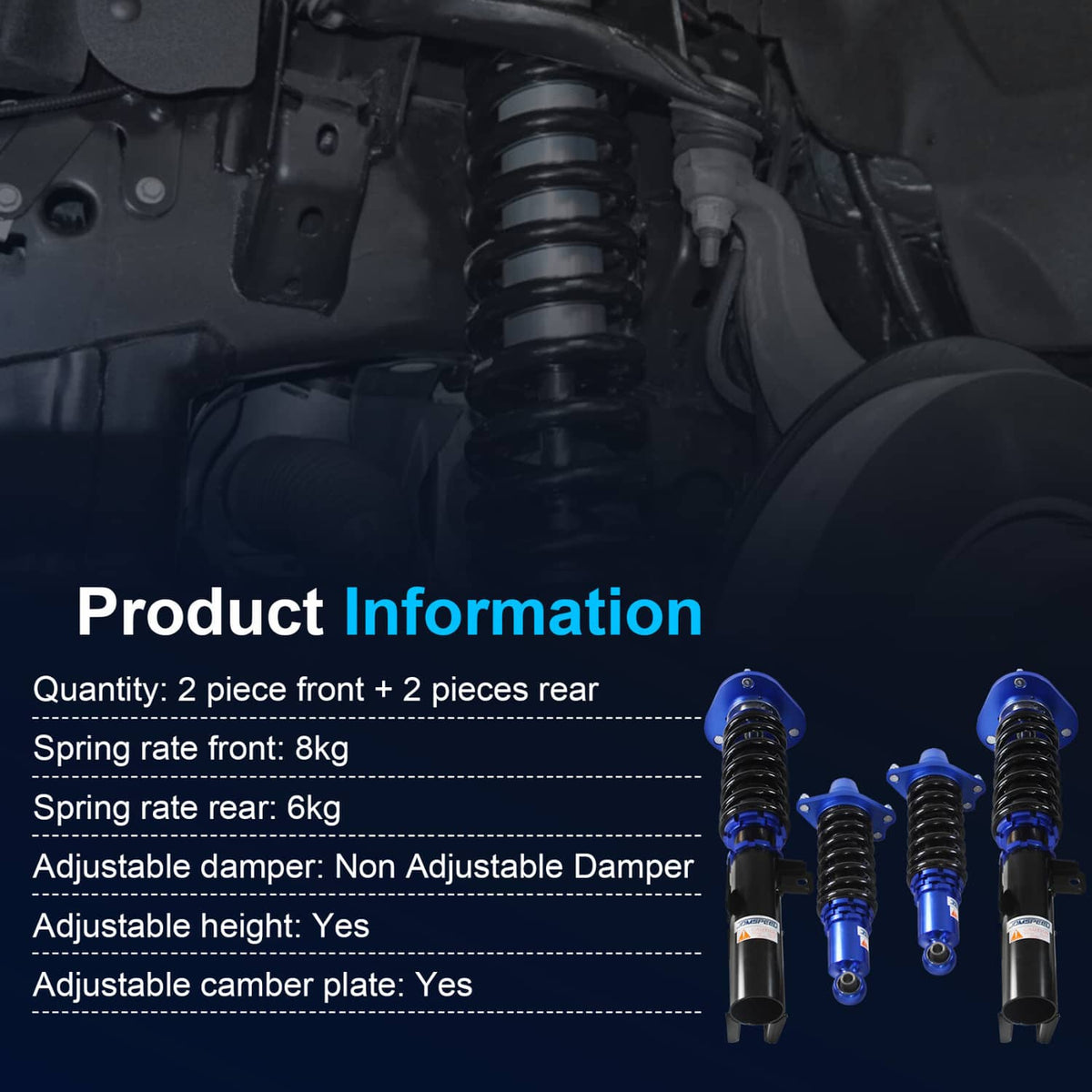 Front and rear coilover struts kit with blue shock bodies and black coil springs