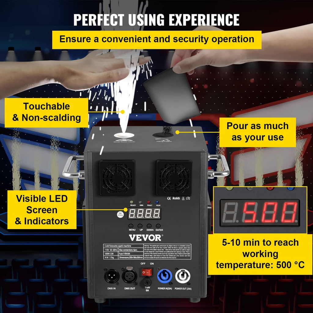 Cold spark machine with front LED display and control buttons, shown with handheld remote