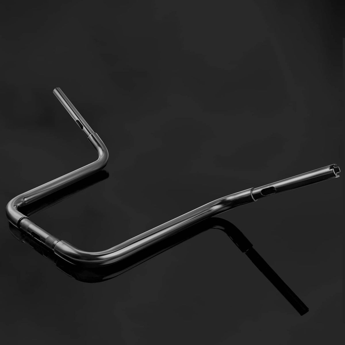 Black ape hanger handlebar with long horizontal reach and angled ends