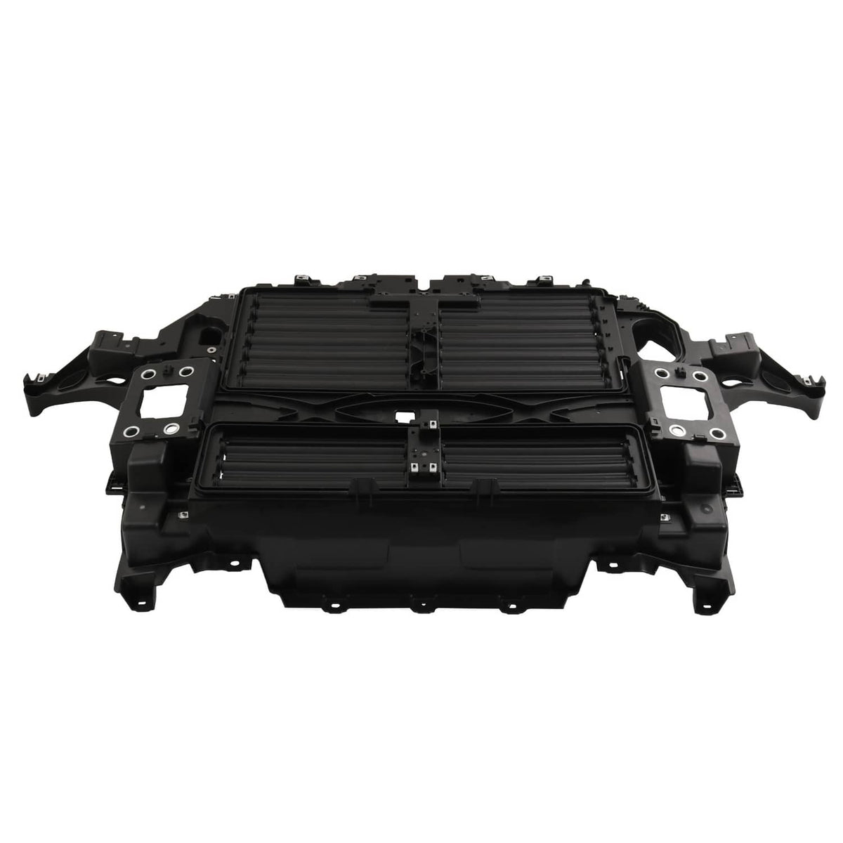 Black active grille shutter motor assembly, front view with dual louvered sections