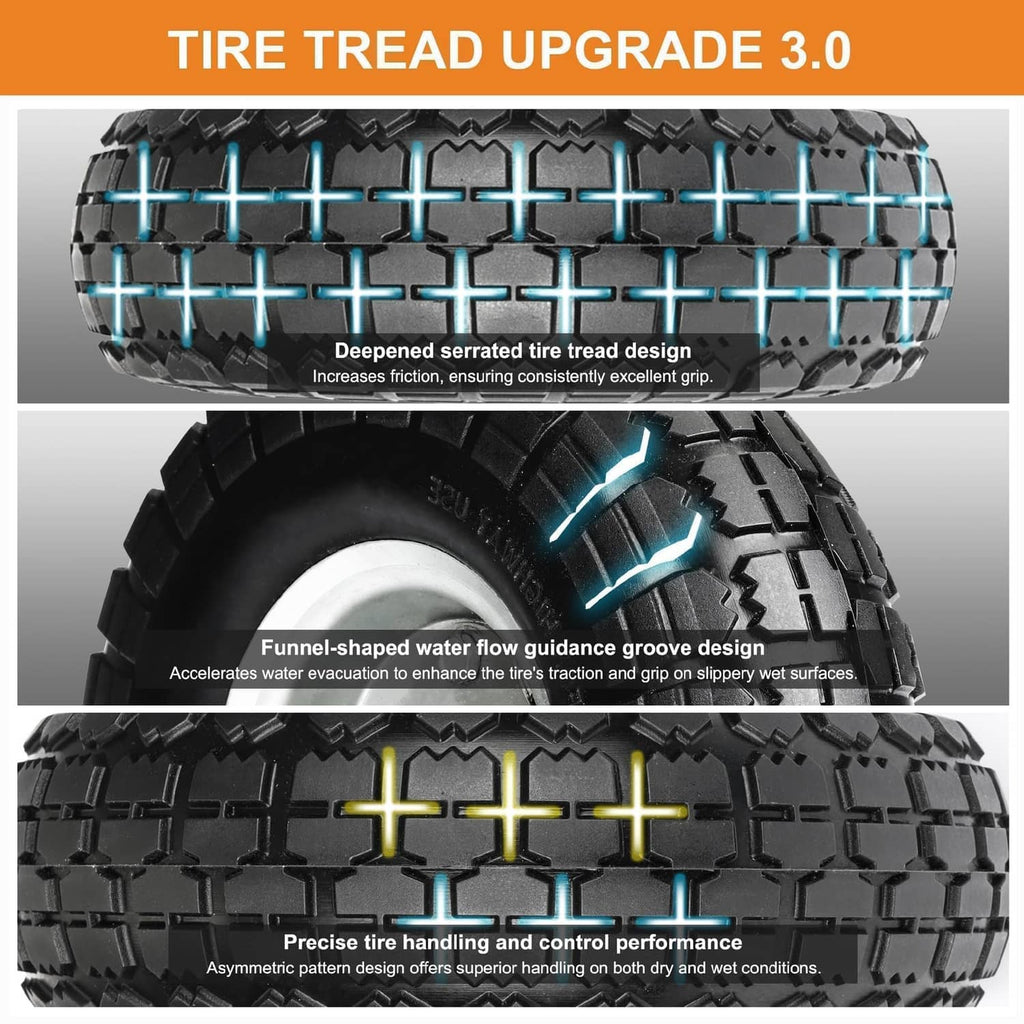 Black solid rubber tire with silver rim, deep tread pattern with blue glow accents