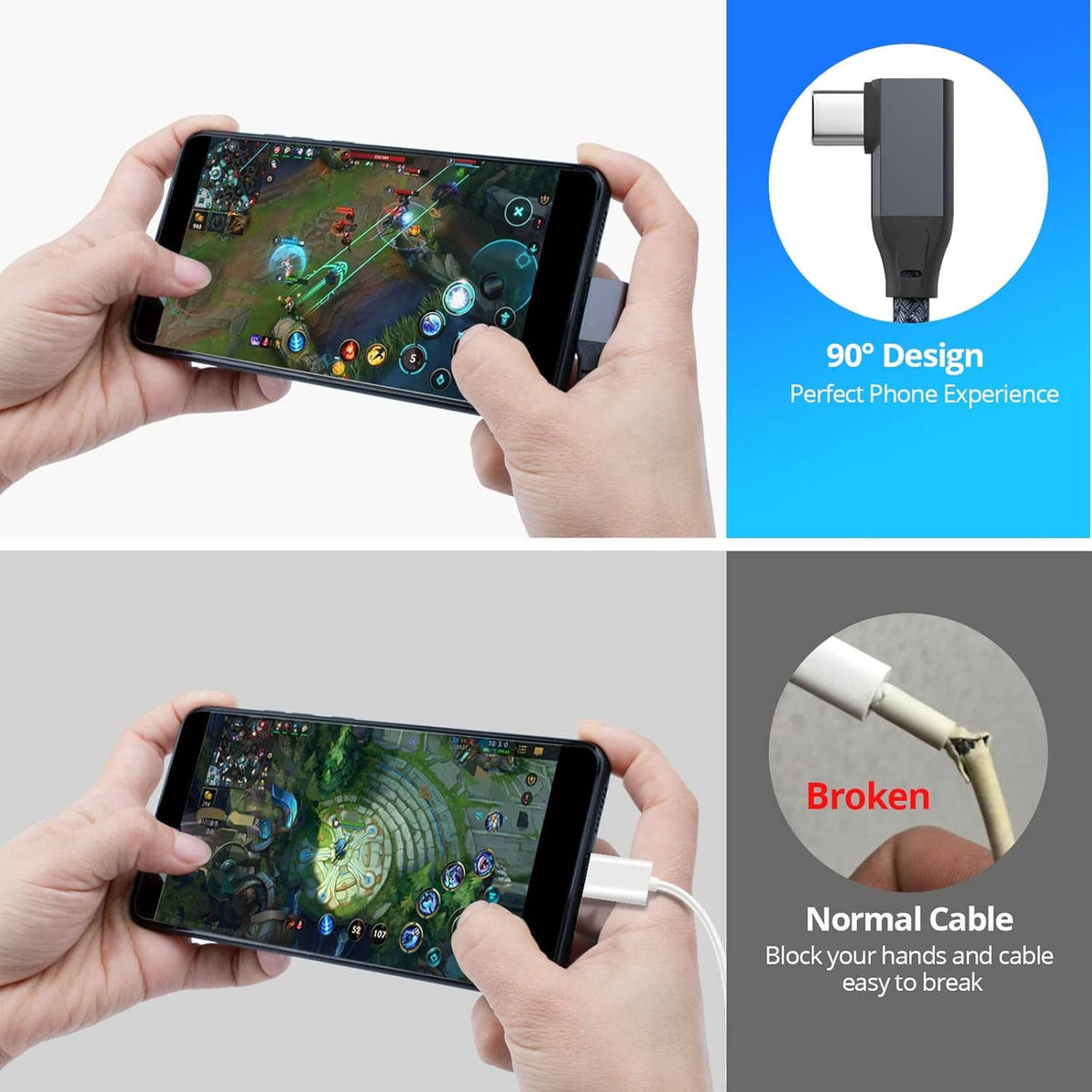 Gray braided USB-C right-angle cable with connector, charging a tablet
