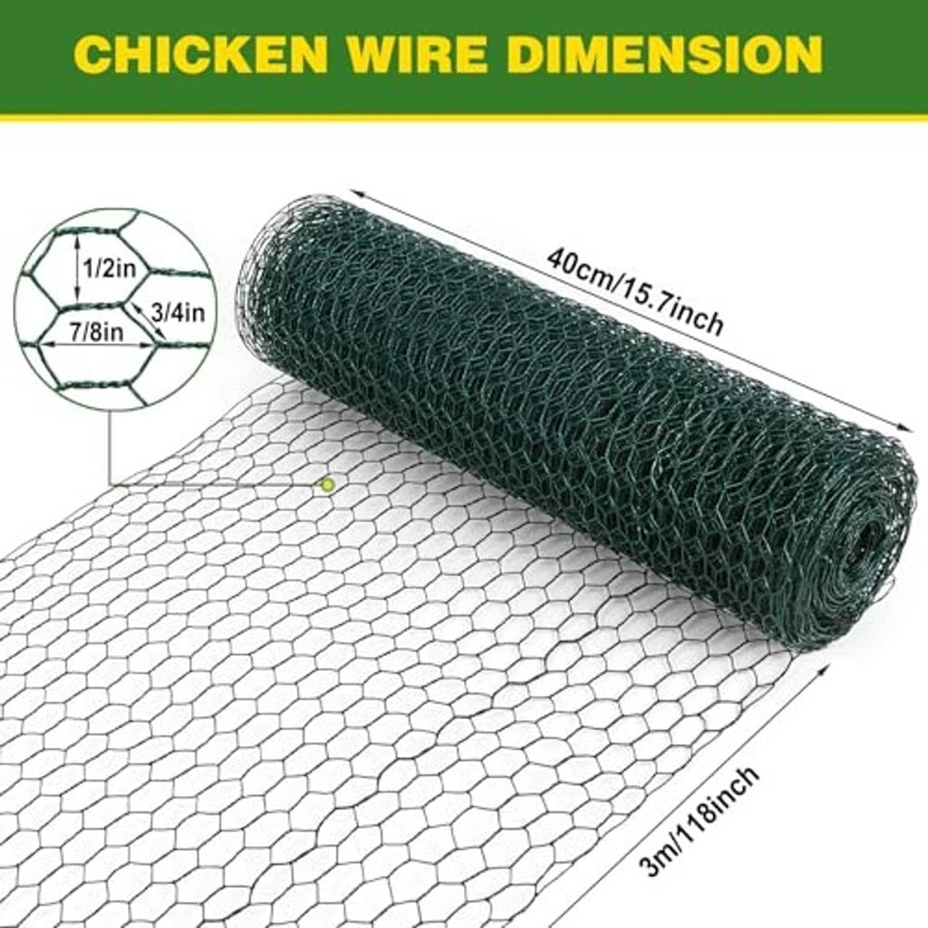 Green chicken wire mesh roll with hexagonal pattern and visible roll dimensions