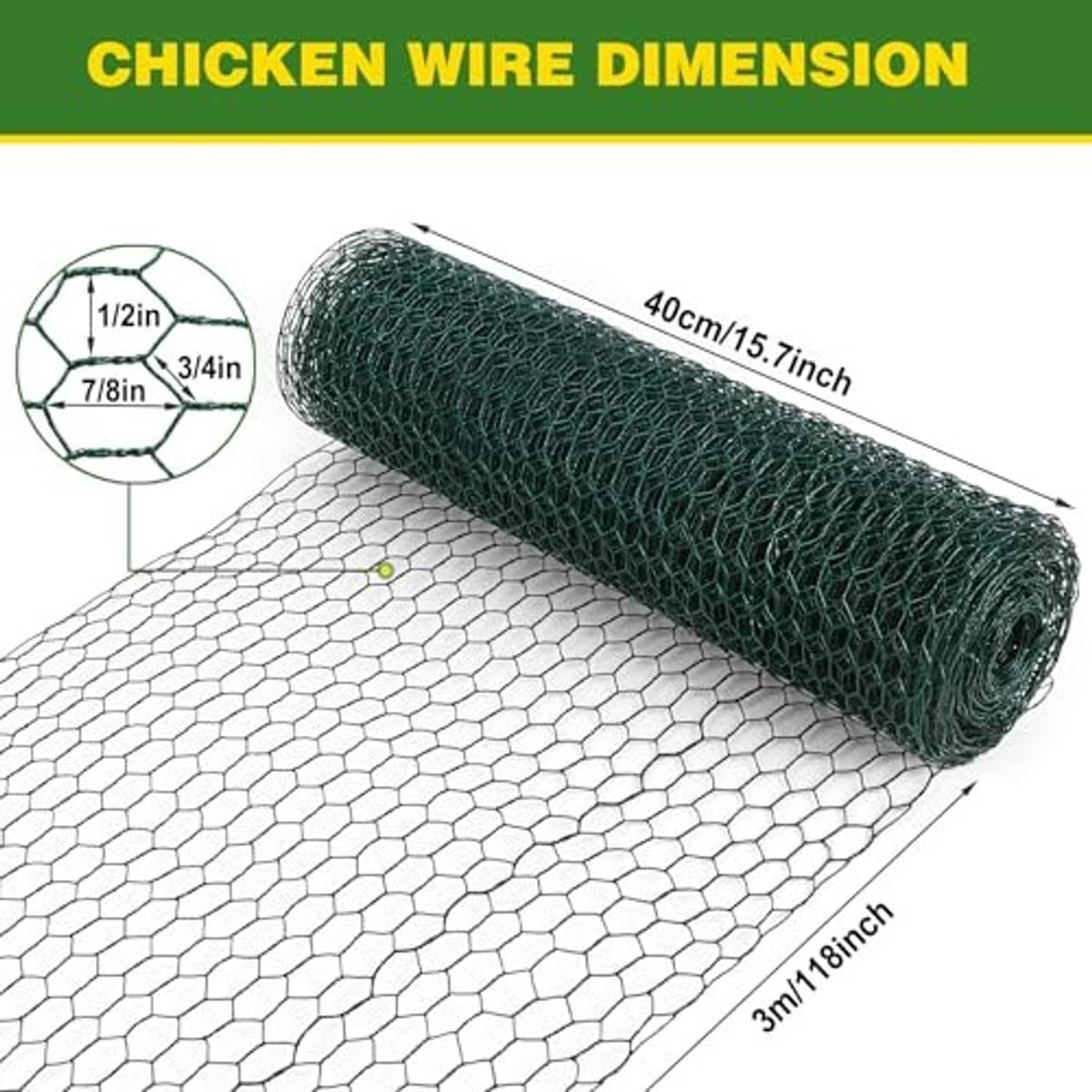 Green chicken wire mesh roll with hexagonal pattern and visible roll dimensions