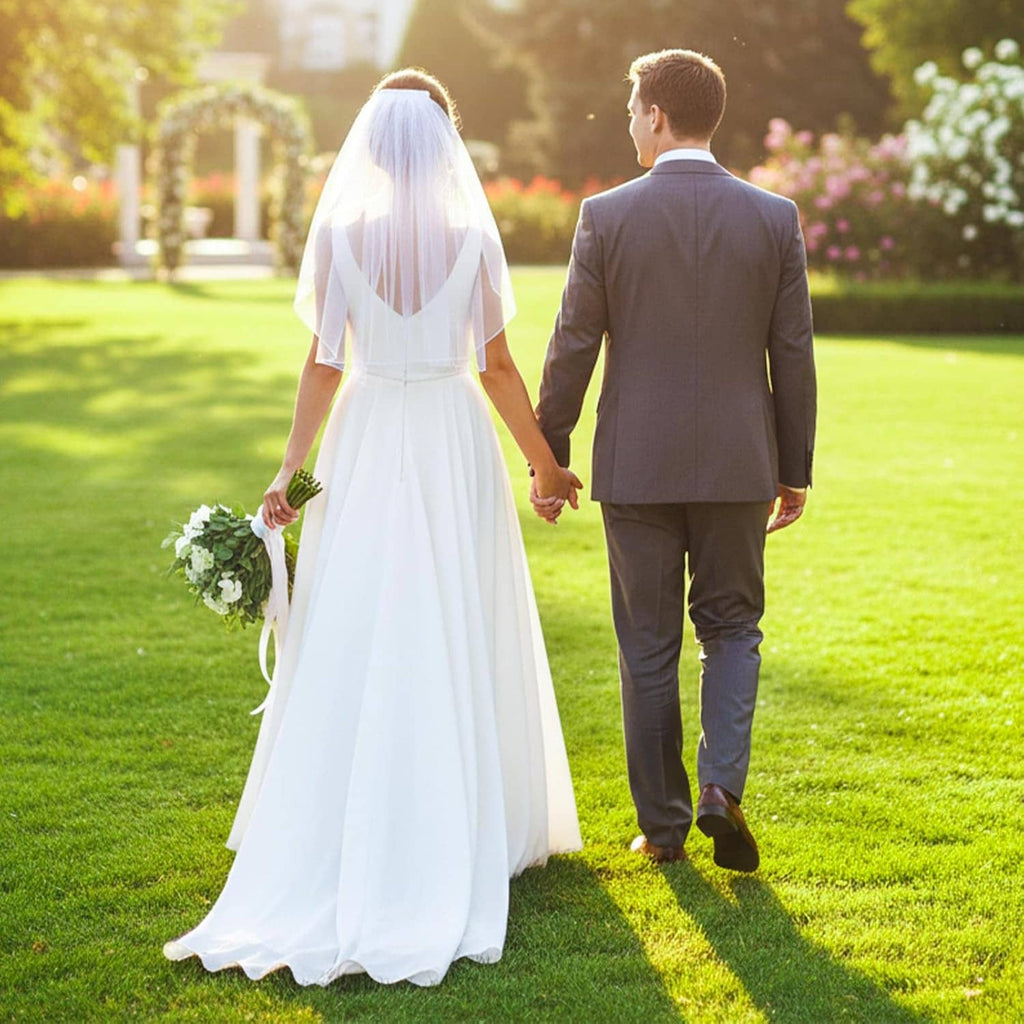 White short bridal veil on bride outdoors, back view with tulle layers and comb