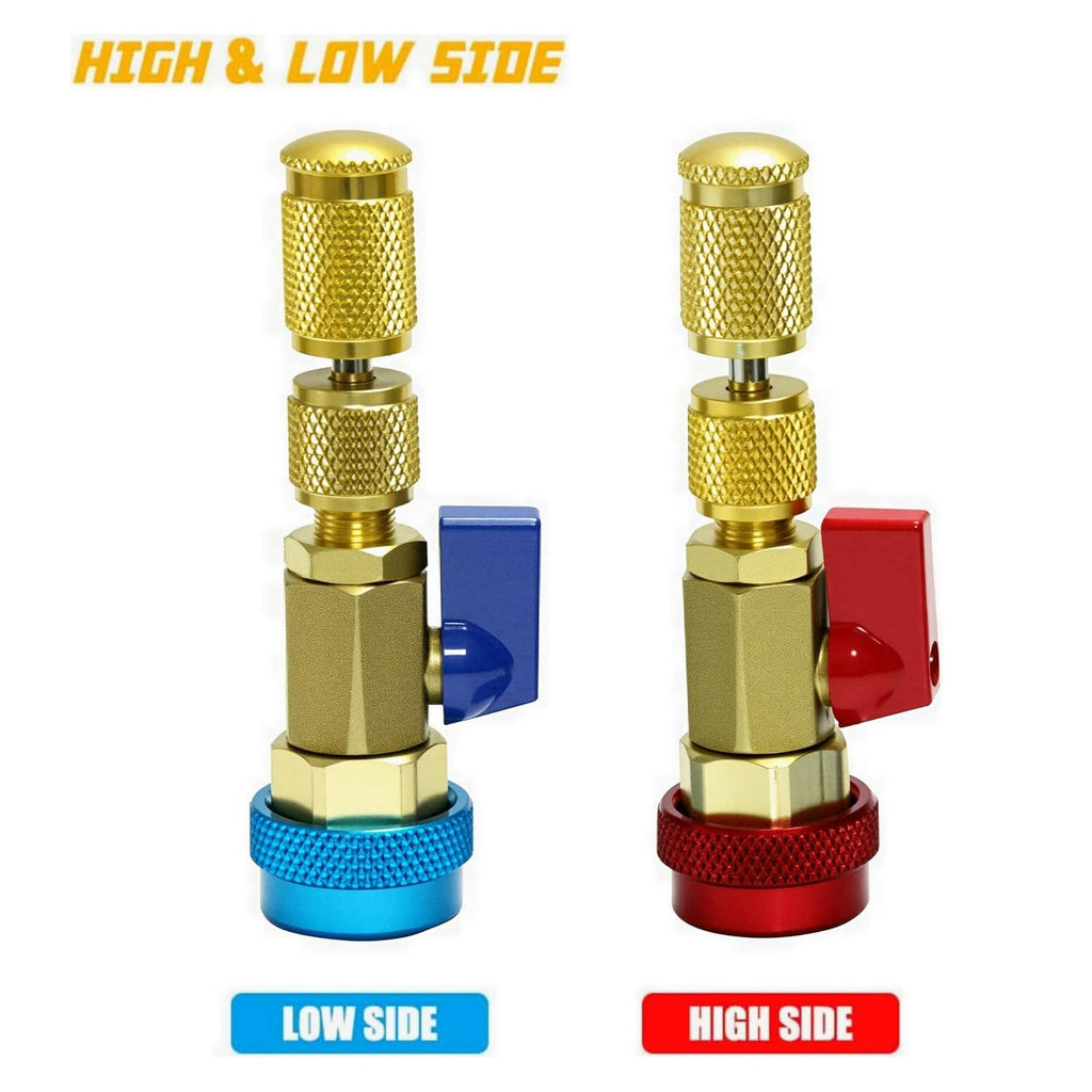 High and low side valve core remover tools with gold fittings on blue and red bases
