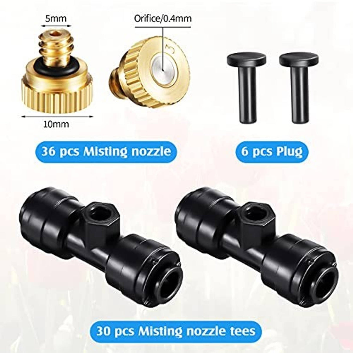 Misting nozzle kit parts: brass orifices, black nozzle tees, and plug connectors