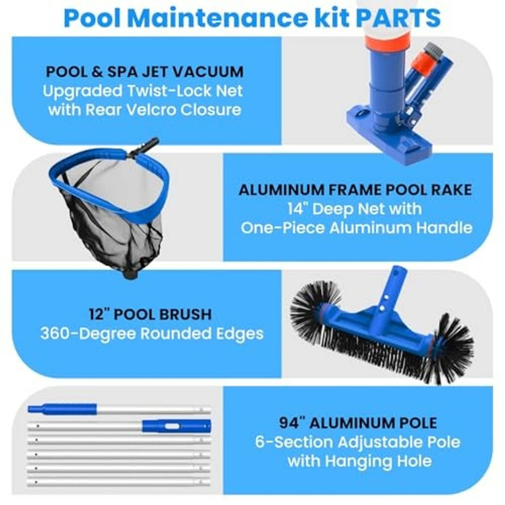 Pool maintenance kit parts layout: leaf net, brush, adjustable pole, mesh bags