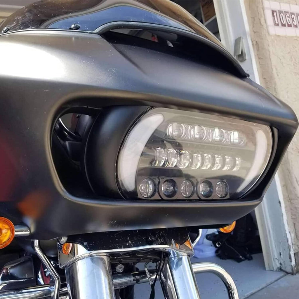 LED headlight and DRL/turn signal module with chrome lens on motorcycle fairing