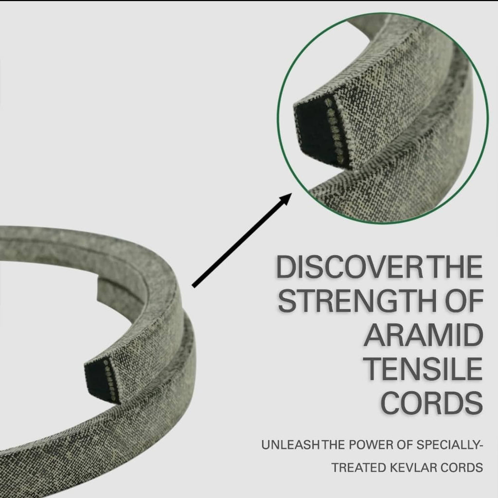 Gray aramid mower belt with end detail, showing woven cord texture