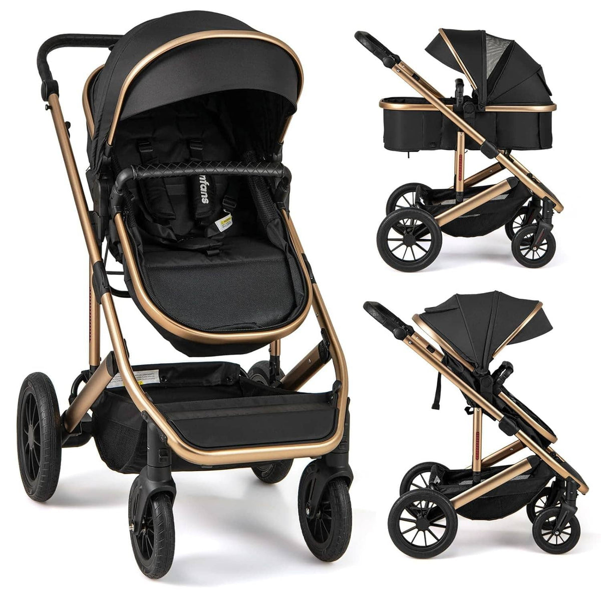 2-in-1 baby stroller with black seat and bassinet, gold frame, large wheels