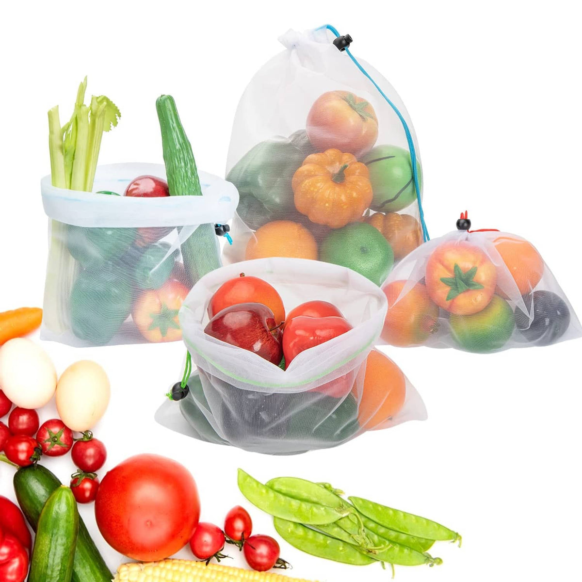 Set of reusable mesh produce bags with blue drawstring ties, filled with fruit
