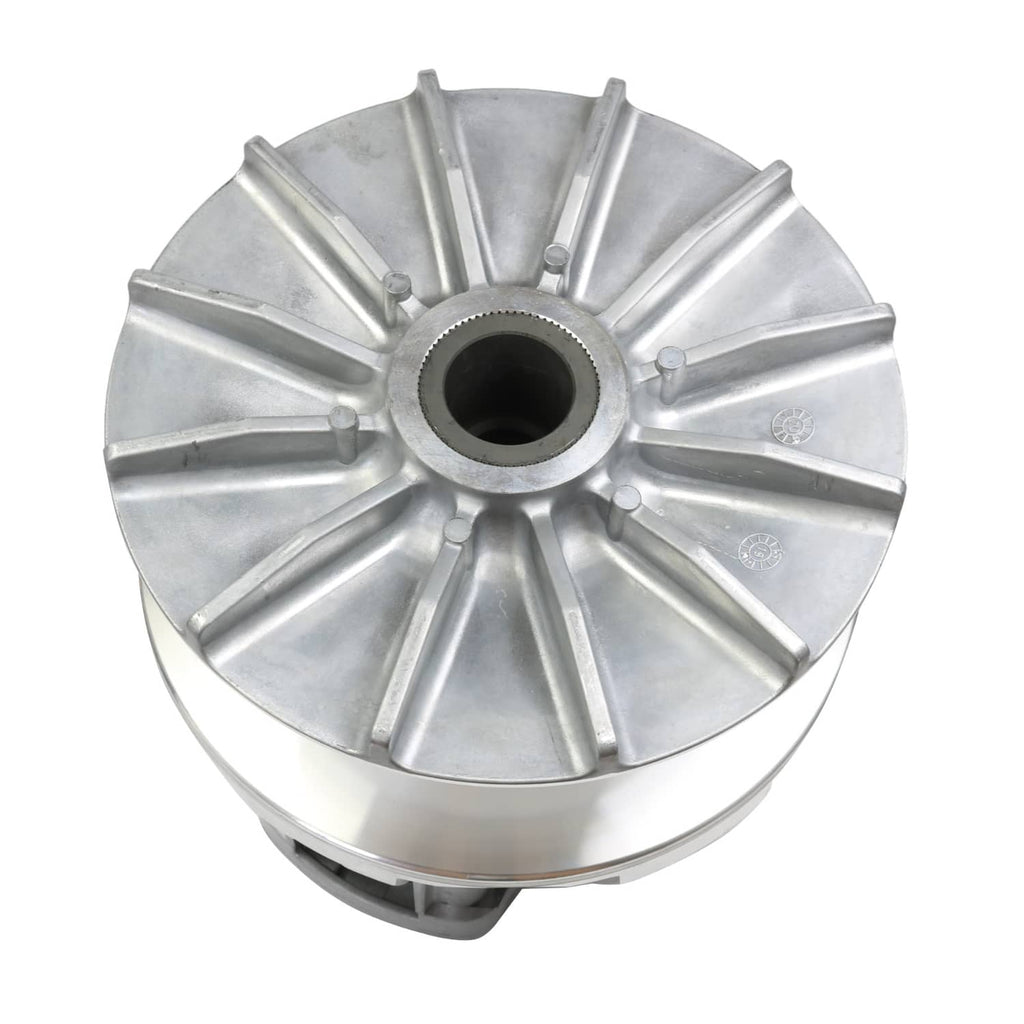 Primary drive clutch, circular aluminum pulley with central bore and radial ribs