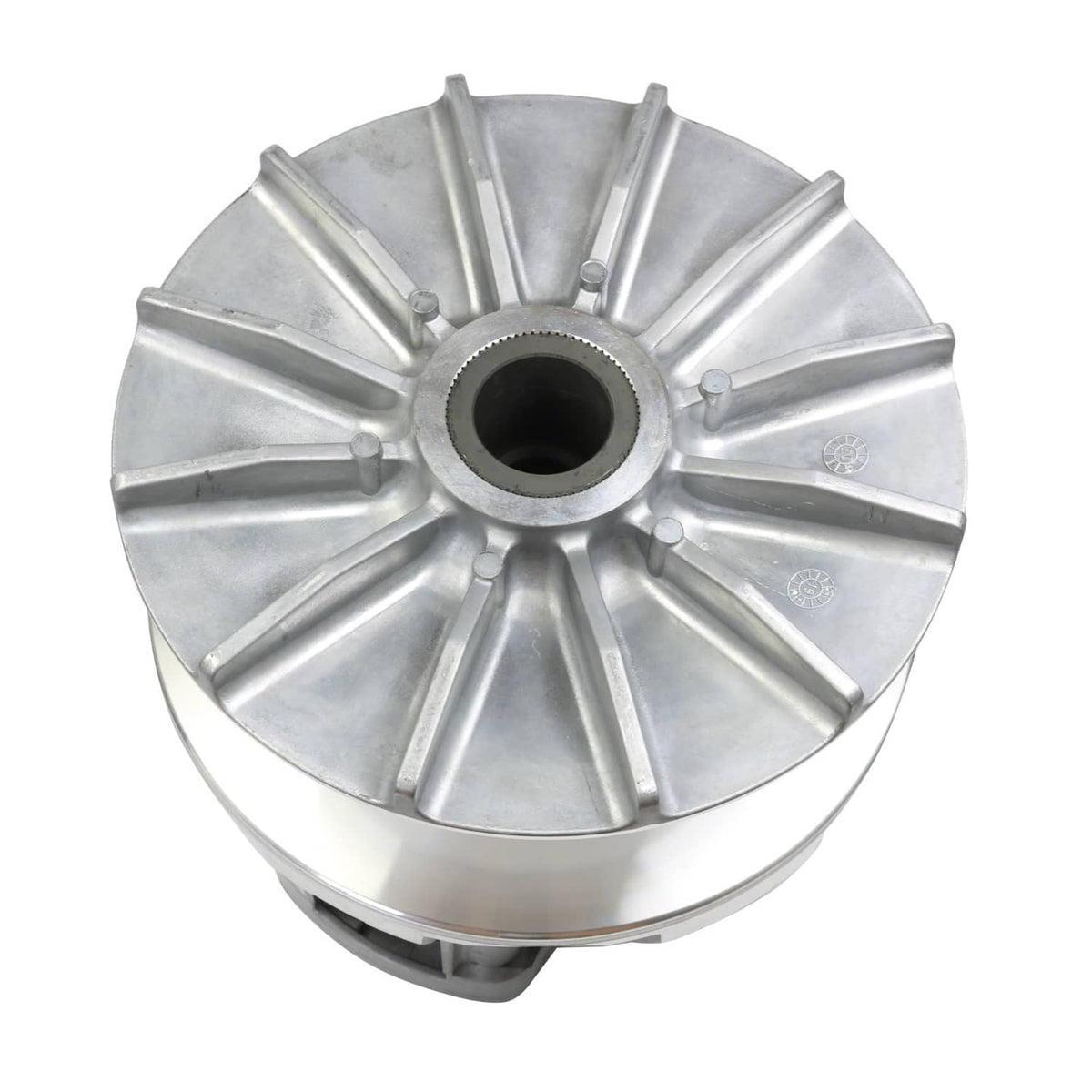 Primary drive clutch, circular aluminum pulley with central bore and radial ribs