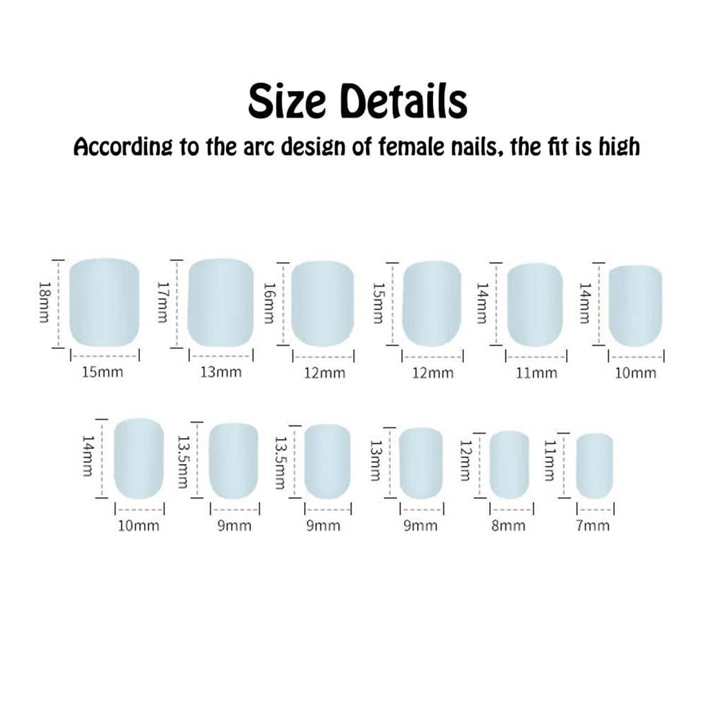 Press-on nail size chart with square short-medium nail shapes and measurements