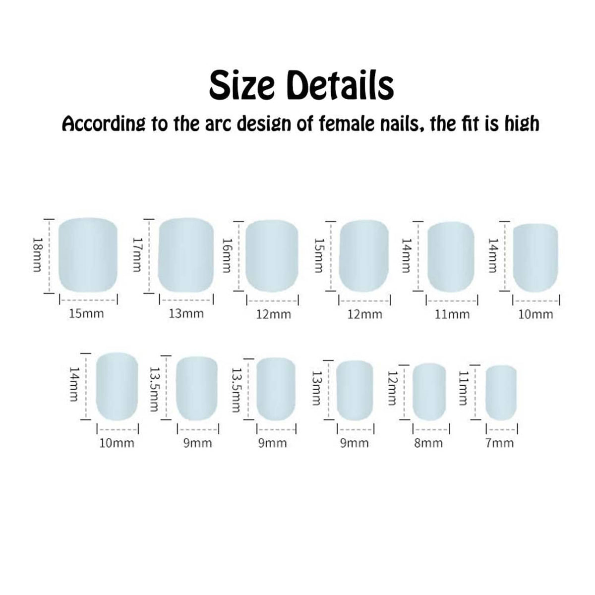 Press-on nail size chart with square short-medium nail shapes and measurements